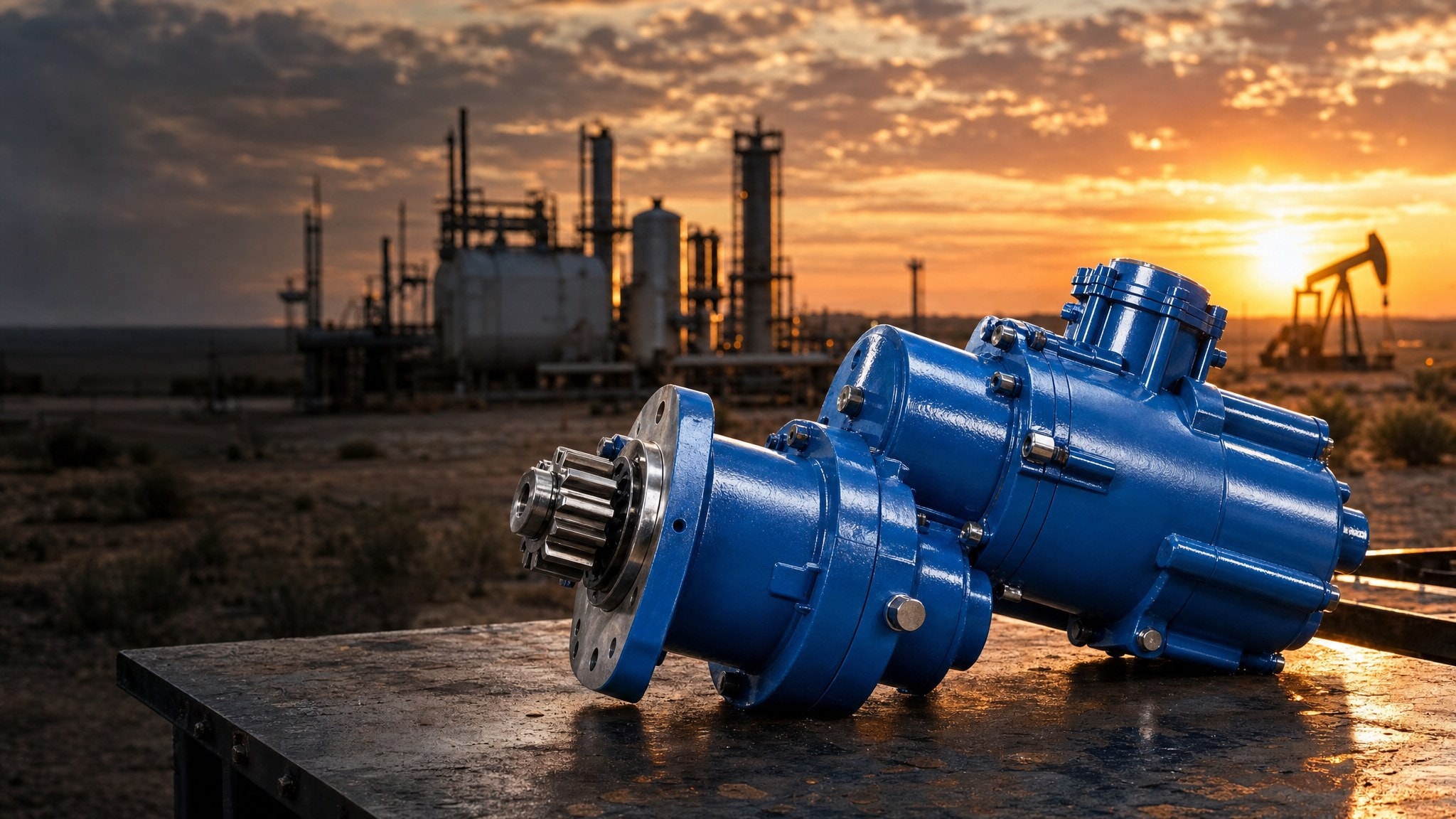 Rebuilt blue industrial air starters at sunset in a West Texas oilfield